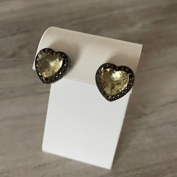 Heart-Shaped Lemon Citrine and Marcasite Sterling Silver Stud Earrings - Picture 4 of 7